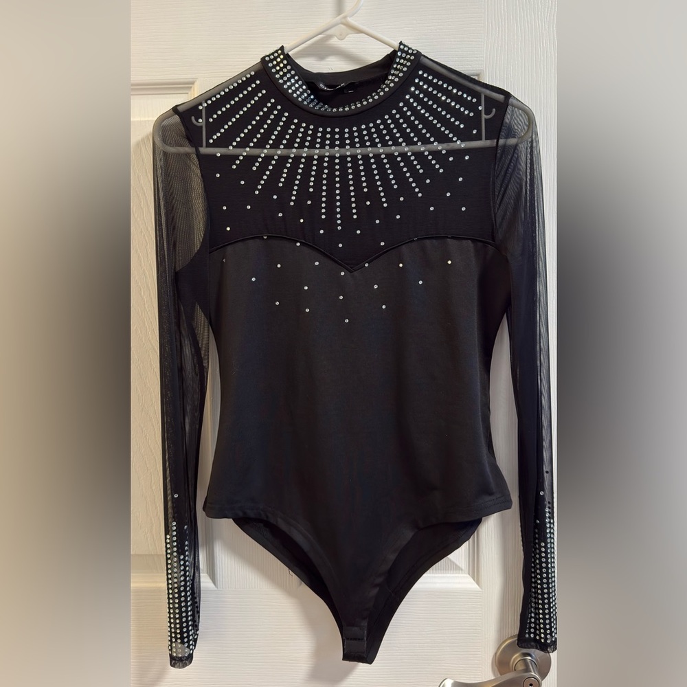Chic Black Rhinestone Mesh Blouse